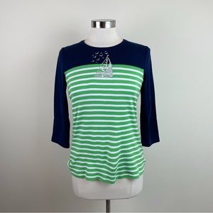 Kim Rogers Navy Blue Green White Stripe Sailboat Nautical Top Women Small